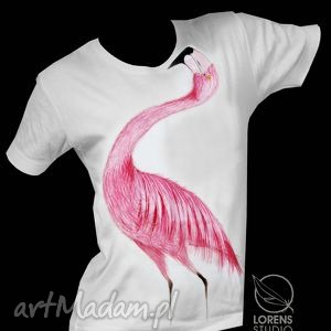 koszulka ręcznie malowana na zamówienie indywidualne biała, flaming, róż
