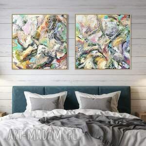 zestaw obrazów 80x80 cm, abstrakcja malowana, dwa obrazy