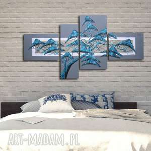 ręcznie malowany obraz - drzewo turkusowe 2 szare 130x70