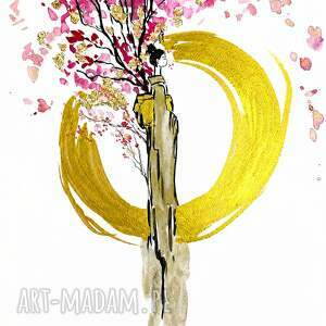 Sakura - akwarela z dodatkiem tuszu i złotych płatków (gejsza) A3 42x30 cm