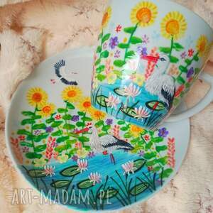 komplet z bocianami filiżanka 350 ml talerzykiem, prezent upominek