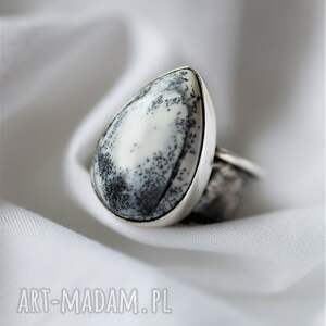 srebrny pierścień z opalem dendrytowym, szeroka obrączka oksydowane srebro