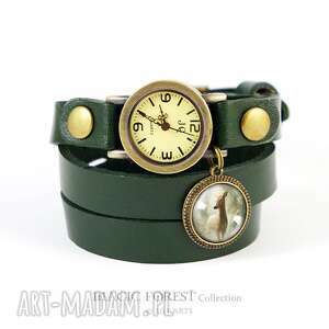 handmade zegarki bransoletka, zegarek - sarna - ciemno - zielony, skórzany