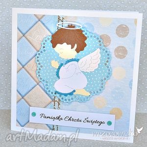 ręcznie wykonane scrapbooking kartki aniołek na chrzest - chłopczyk