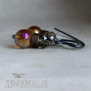 kolczyki miód i wrzos z mosiądzu, szklane kule fasetowane oponki