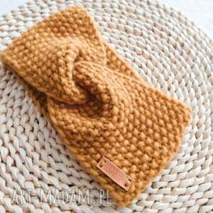 upominki na święta Musztardowa opaska turban z wełny alpaki ręcznie