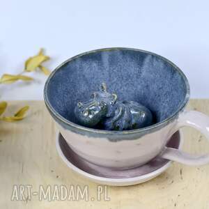 handmade ceramika ceramiczna filiżanka z figurką hipopotama - blady róż 320 ml