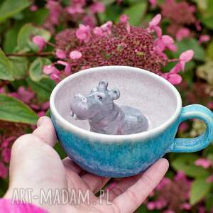 ręcznie wykonane ceramika ceramiczna filiżanka z figurką hipopotama - niebieski turkus