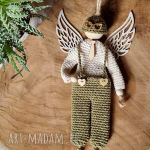 anioł boho amulet intencyjny 20 cm ecru plus zielony szydełku