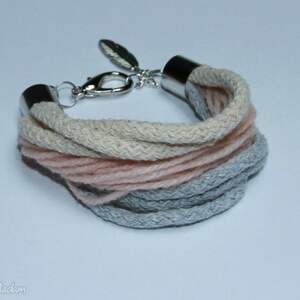 handmade beżowo - różowo - szara bransoletka ze sznurków bawełnianych