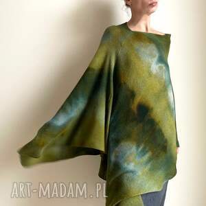 ponczo z wełny merino w zieleniach, tunika narzutka unikat, prezent