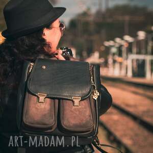 VANDA L. Skórzany plecak postarzana skóra naturalna zamsz CZARNA BRĄZ