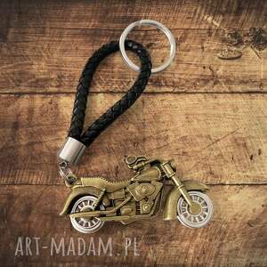 brelok do kluczy motocykl stare złoto 2 czarnym rzemieniem skórzanym