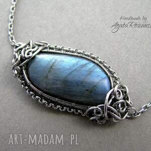 handmade bransoletka z niebieskim labradorytem, wire wrapping, stal chirurgiczna