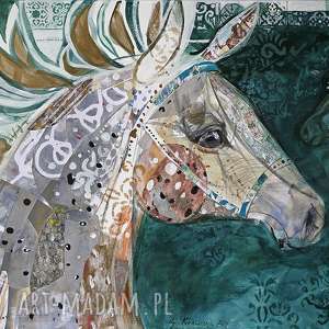 obraz ręcznie malowany na płótnie collage koń akryl