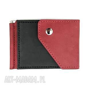 Czerwono czarny portfel na klips skórzany ręcznie uszyty