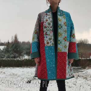 płaszcz patchworkowy w stylu boho, długi, kimonowy - waciak folk