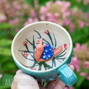 handmade ceramika filiżanka do herbaty z figurką ślimaka | do kawy | morska trawa | blue