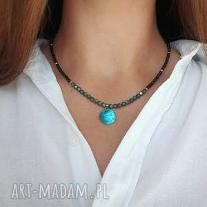 naszyjnik etniczny z muszlą - onyks i hematyt, stal szlachetna