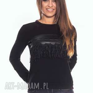czarna bluza damska z frędzelkami xs boho, casual, sportowa, ekoskóra