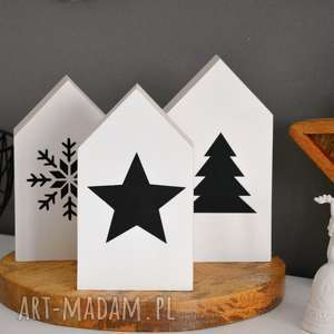 dekoracje świąteczne 3 x domki drewniane, domek gwiazda, choinka