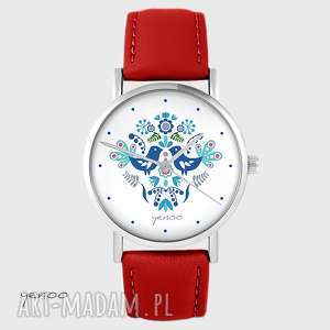 ręcznie zrobione zegarki zegarek - ptaszki folkowe, niebieskie - czerwony