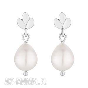Srebrne listki z perłami, kolczyki, srebro, perła, sztyfty
