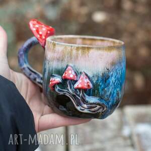 handmade ceramika handmade kubek z muchomorkiem | dark beige - moss blue | ok 400 ml