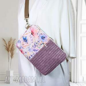 Listonoszka-nerka ze sztruksu w fioletowe kwiaty - handmade Gianna