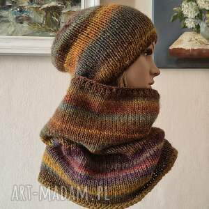 ręcznie na drutach - jesienna jabłoń miły, oryginalny komplet ze wełną