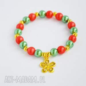ręczne wykonanie pomysł na prezent bracelet by sis: złoty kwiatek w czerwono - zielonych