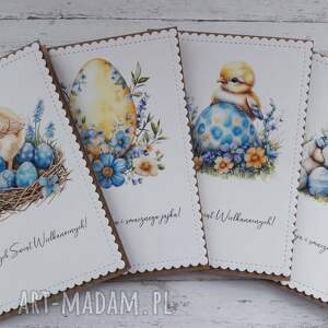 zestaw 4 kartek wielkanocnych z życzeniami niebiesko - żółty kartki