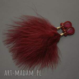 bordowe klipsy sutasz z piórami, sznurek, eleganckie, wieczorowe