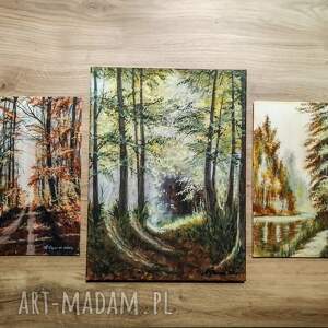 zestaw ręcznie malowanych obrazów - tryptyk leśny, polski pejzaż 1x 40x30cm, 2x