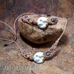 LISEK porcelanowy złoty Rubin Turmalin Ametyst w makramie komplet boho