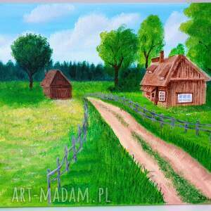 obraz akrylowy wiejski pejzaż, wieś, łąka, chatka, wiejska droga