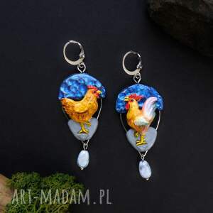 kolczyki kura i kogut, natura, ptaki, sielskie klimaty, wiejskie