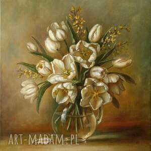białe tulipany, ręcznie malowany obraz olejny, L. Olbrycht