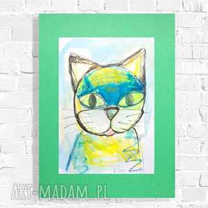 ręcznie wykonane pokoik dziecka rysunek z kotem, kot obraz malowany ręcznie, grafika