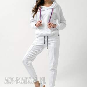 sportowe komplet dresowy damski emi biała, bluza z kapturem, białe spodnie