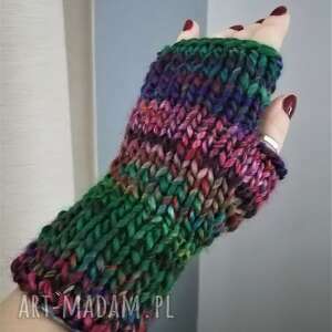 rękawiczki mitenki na drutach, jesień zima, wełniane, prezent