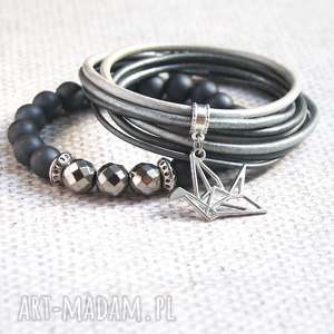 handmade new! Hematyt & metaliczne rzemienie set III