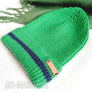 zielona czapka beanie z wełny merino podwijana handmade - czapka na jesień