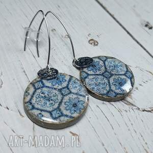 wyjątkowy prezent, kolczyki decoupage, stal chirurgiczna, wiszące, żywica