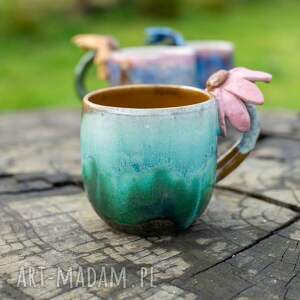 Różowy kubek ceramiczny z kwiatkiem - ok. 450 ml - prezent dla niej