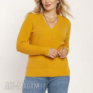 swetry cienki i ciepły sweter w serek - swe243 żółty mkm, dzianinowa bluzka