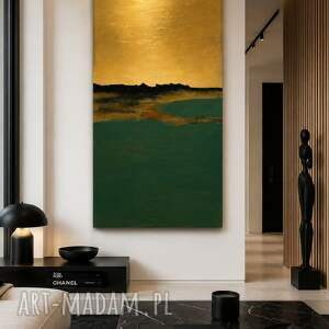 Duży obraz na płótnie 80x160 cm - ręcznie malowany w eleganckiej zieleni