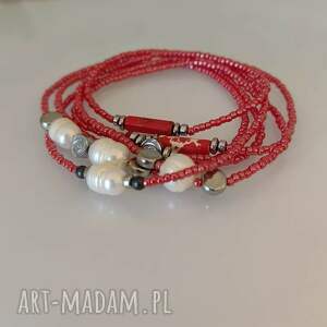 Naszyjnik Boho Koralikowy Maki Perły i Róże, korale czerwone dlugie