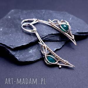 Srebrne kolczyki wire wrapping z zielonym chalcedonem - ręcznie robiona biżuteria, srebro, prezent, dla niej