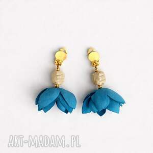 Ręcznie robione klipsy - niebieskie kwiaty i skarabeusz, etno